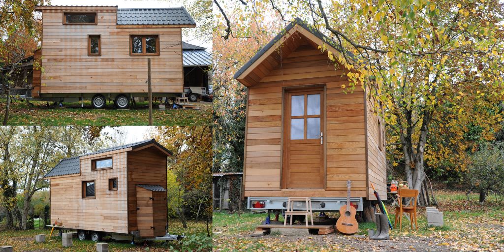 Tiny House vue extérieur de la maison en bois sur roue
